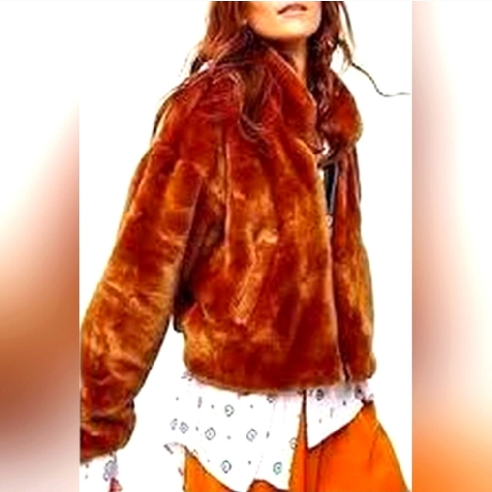 Free People Furry Bomber Jacket Brown/ Orange Zip Up Cozy XS - Picture 2 of 15